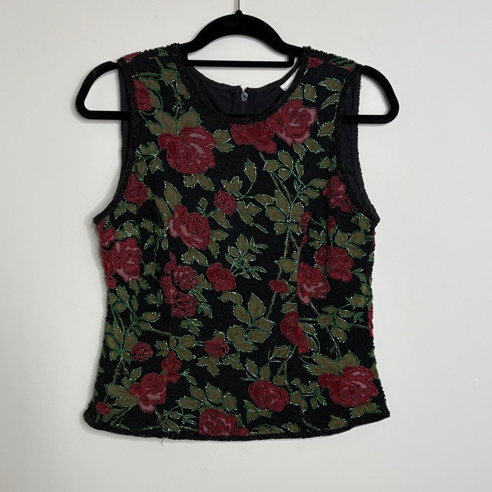 Paradise NY Floral Embroidered Sleeveless Top Black Red Roses Size M